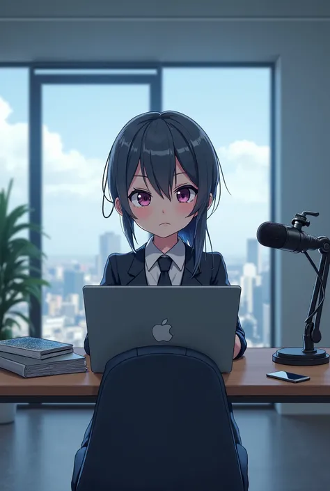 Give me a precised prompt, a corporate anime with Microphone and Laptop talk, facing front, sitting down, 8k resolution