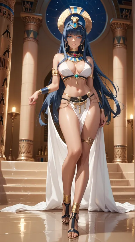 Sexy leona heidern,  blue eyes,  Long hair ,  dark blue hair, wearing a very sexy black Egyptian outfit, Egyptian tattoos, Egyptian jewelry, In the throne room of a pharaoh,  at night, Standing on the floor,  legs together , In a real tub,