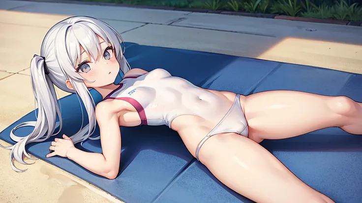 1_girl, white long hair, grey eyes, small breasts,    a sporty swimsuit such as a rash guard and bikini bottoms,           lying on the ground with her back arched gracefully. Her torso should be lifted slightly, supported by her arms or hands resting behi...