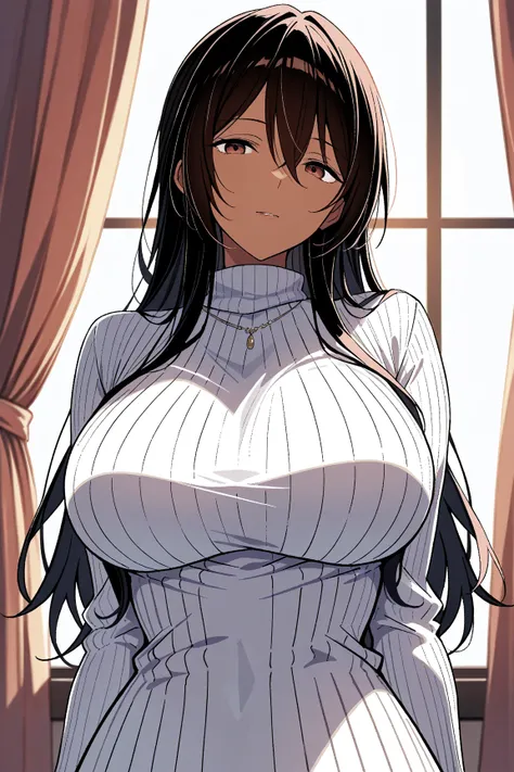 Upper body, 1girl, solo, mature female, black long hair, large breasts, skinny body, dark skin, white sweater , front view