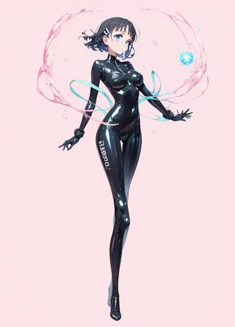  great quality,   top quality with full nudity behind，Hayashi Miwako  ， her breasts are so soft，   blue eyes，  dark hair， alone,   Shoot her full body  　， pink background, latex rubber suit costume， standing，magic