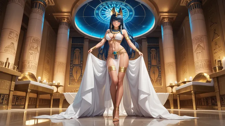 Sexy leona heidern,  blue eyes,  Long hair ,  dark blue hair, wearing a very sexy Egyptian outfit in black, Egyptian tattoos, Egyptian jewelry, In the throne room of a pharaoh,  at night, Standing on the floor,  legs together , In a real tub,