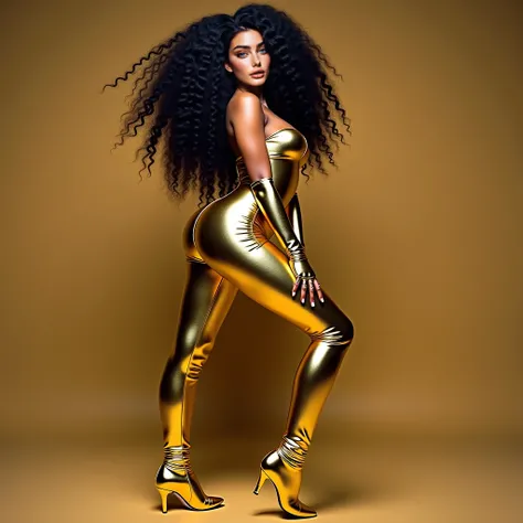  Skinny young woman,   voluminous long curly black HAIR ,blue eyes, shiny gold jumpsuit with gloves and tall shoes all together gold, doing dynamic sensual professional pose 