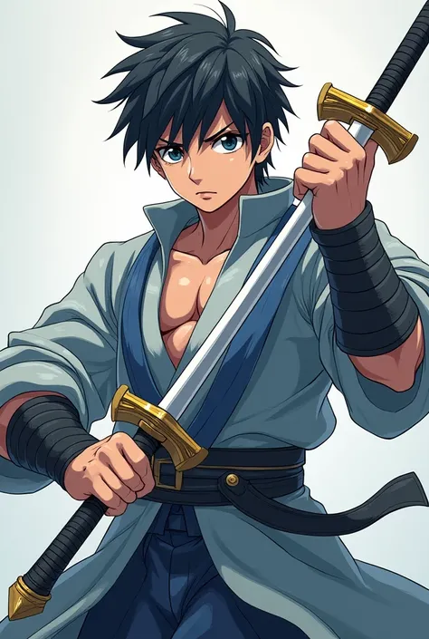 Create now:

Homem
19 years
strong
Black hair
Bluish white army clothes 
Black eyes
Marks on the face
Normal expression
Use two swords, Anime theme