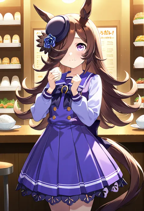 deTailed eyes,     girl,     rice shower  (Uma Musume),     horse ears,   animal ears,     Her hair is down until she covers her eyes, horse Tail,   horse    girl , Tail, length、Having a meal、The place where I'm eating、Looks delicious!、Cheeks