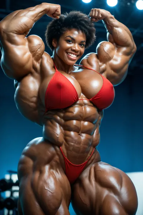 On stage (flexing:1.5) , the African Female Bodybuilder flexing massively huge & muscular muscles, physique is extremely muscular & powerful, with gigantic, defined arms, broad shoulders, a sculpted abdomen, and thick, powerful legs. She wears a Red bikini...