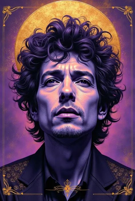 Pop art style drawing,  style drawing in shades of purple and gold ,  depicting Bob Dylan as a god 