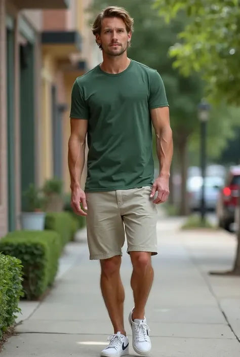  Christian Bradley Green T-Shirt, shorts de linho , tennis.
 walking on the sidewalk, Next to the condominium where you live. 
 High Quality,   Ultra HD,    Textured Skin , Super-realism, 