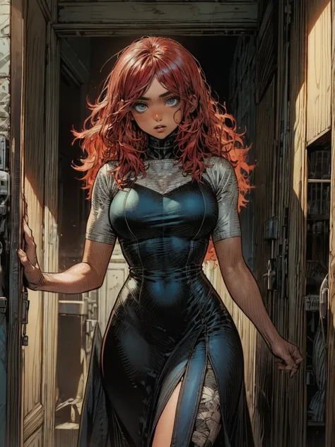 . 21-year-old woman ,  long, smooth red hair,  Bright and expressive blue eyes, she opted for an elegant black dress. sake, to hide. comic style. Marvel Comics