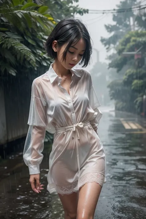 Sweet beautiful young very pretty Indonesian office girl, slim beautiful bod, beautiful wavy short hairs, wearing wet very thin full see through all unbuttoned mini   sexy office dress, she is standing  alone on empty street in the forest under the cool  h...