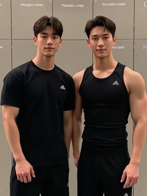 Two men standing side by side in front of the locker room, Changing room, Inspired by Wang Duo, wearing a black t-shirt, wearing adidas clothing, black tight tank top, Hayao Miyazaki, smile, Brotherhood sports t-shirt, professional sports style, side view,...