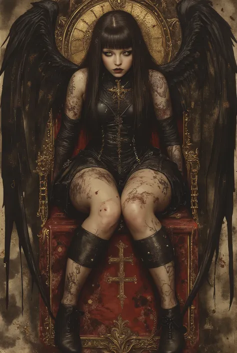 ((lying coffin,bards eye view,fullbody,leg forcus:1.5)),beautiful detailed eyes,Highest Image Quality,best quality ,Ultra-high definition,detailed face, beautiful face ,melancholic,tattoo ,(curtain,blood splatter), sexy,angel,cross earning ,Thick black li...