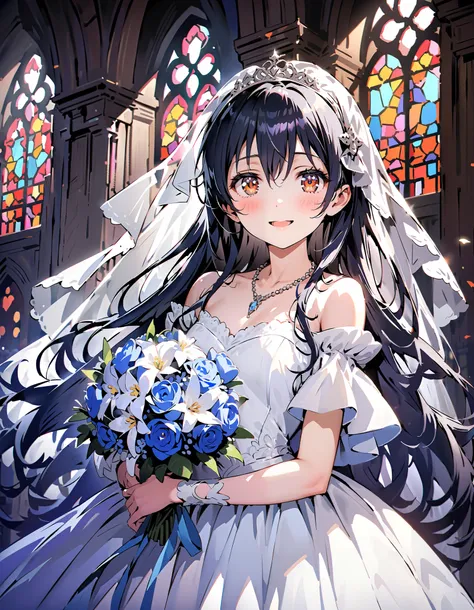 Sonoda Umi  ,  long hair, bangs, brown eyes,  Lantern,smile,blush, open your mouth, off shoulder wedding dress, wedding long skirt with a bouquet of flowers in both hands, Veil, tiara , necklace,bouquet, blue flower, standing, stained glass ,whole bodyが il...