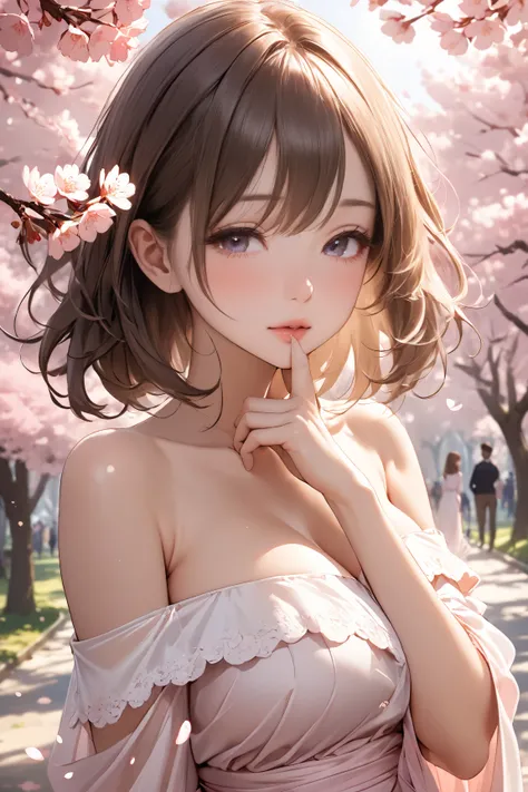 	A stunning young woman depicted from the chest up in a park during cherry blossom season.
	•	Soft pink petals are swirling in the air, creating a dreamy and romantic atmosphere.
	•	She tilts her head slightly upward, her face turned toward the viewer.
	•	...