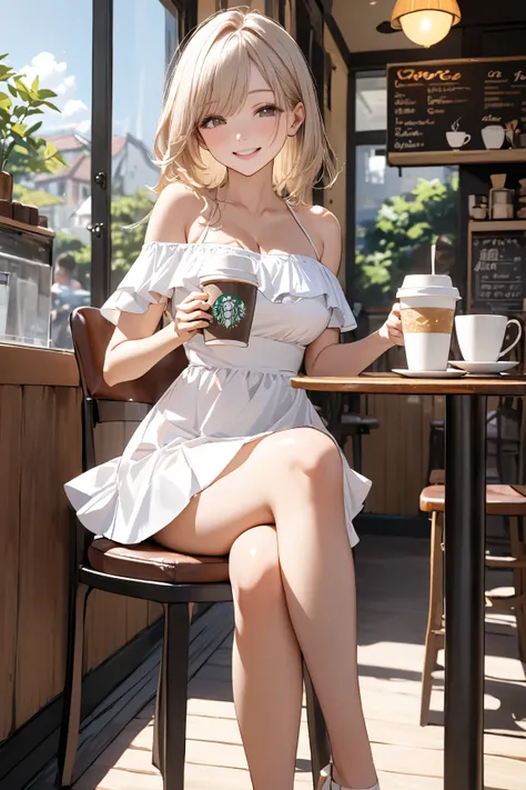  sit on a chair、Woman drinking coffee with legs crossed. white off-the-shoulder miniskirt dress、Open chest design gives a sexy impression、 bright sunshine、Cafe, bust up、Highlights beautiful legs、smile