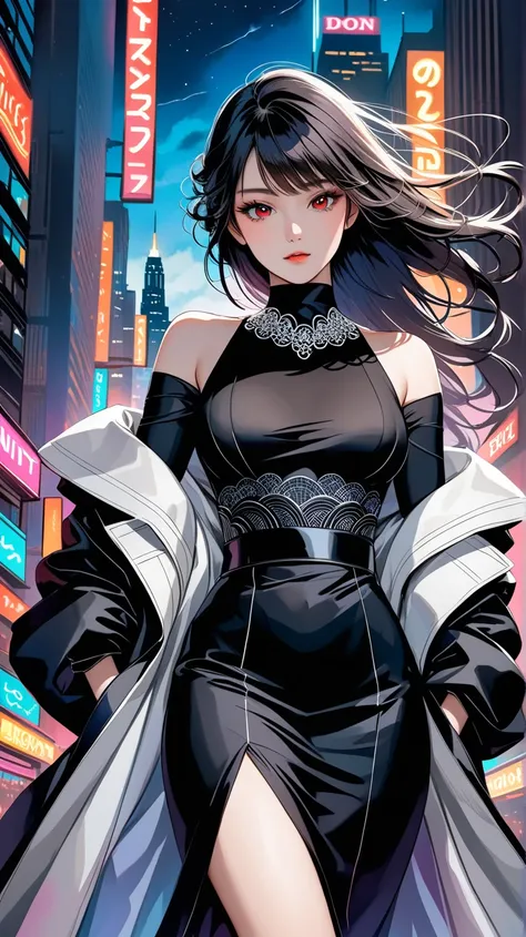 best quality, detailed eyes, light watercolor, An image of towering skyscrapers engulfing the sky. 1 Japanese woman. she wearing (black colored elegant off the shoulder tight skin dress) and soft silk material long coat with white tones detailed traditiona...