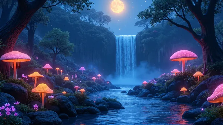 A mystical, glowing forest at night, illuminated by bioluminescent plants and mushrooms that emit a soft, ethereal light in shades of blue, purple, and orange. A crystal-clear river flows gently through the enchanted landscape, reflecting the radiant hues ...