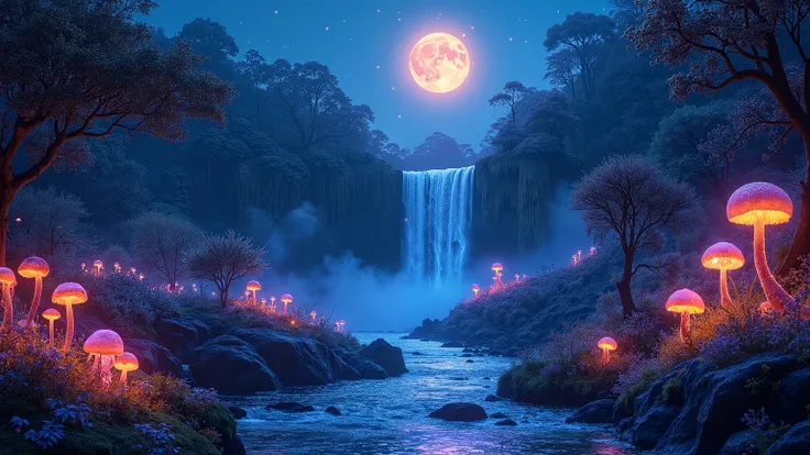 A mystical, glowing forest at night, illuminated by bioluminescent plants and mushrooms that emit a soft, ethereal light in shades of blue, purple, and orange. A crystal-clear river flows gently through the enchanted landscape, reflecting the radiant hues ...