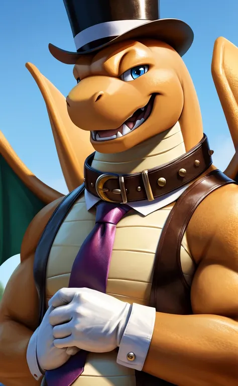 Solo, Male, close up, fat, musclegut, obese, steampunk, 1920s gentleman, dapper Dragonite, tilting head down, blue eyes, wearing a big leather collar around his neck, (soft shading), 4k, hi res, ((detailed face, detailed)), looking at viewer, evil grin, co...