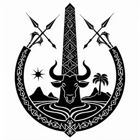 A high-quality vector emblem in solid black silhouette, representing a fictional medieval East African kingdom inspired by the Aksumite Empire (Cushitic) and the Shilluk Kingdom (Nilotic). The emblem is strictly symmetrical and heraldic, featuring a centra...