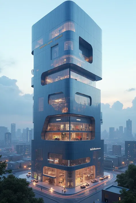 Aerial view of 3 floors futuristic commercial building concept
