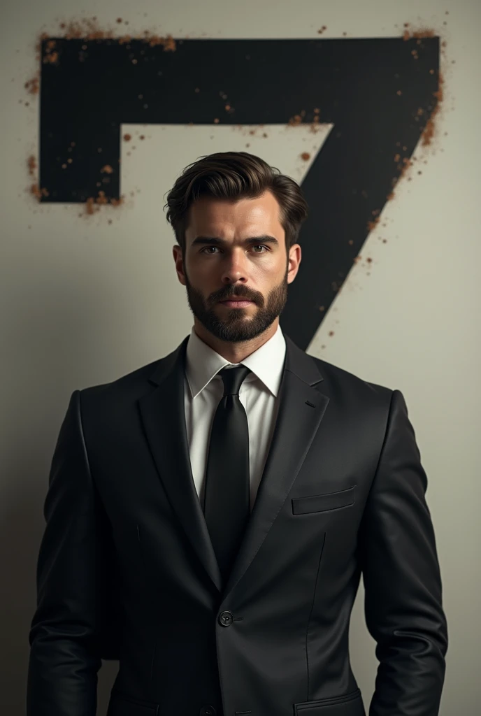 Young man with beard wearing a suit with a number 7 behind him inscribed BRAGA