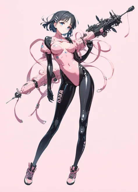  great quality,   top quality with full nudity behind，Hayashi Miwako  ， her breasts are so soft，   blue eyes，  dark hair， alone,   Shoot her full body  　， pink background, latex rubber suit costume， standing，A futuristic weapon that floats in the air