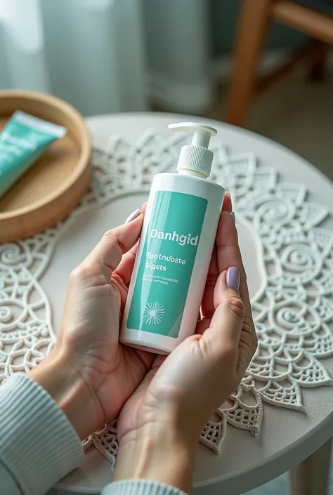 someone is holding a bottle of toothpaste on a doily table, sterile, water particules, bottle, high - angle view, michellin star, above view, close-up product photo, closeup - view, close-up view, close - up view, clean detailed, face, high angle view, 4 0...