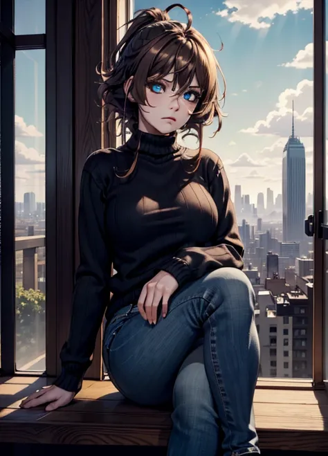 highres,absurdres,masterpiece,best quality,black theme,1girl,sitting,close-up,window,dark cloud,messy hair,curly hair,light frown,brown hair,blue eyes,sweater,medium breasts,looking to the side,facing to the side,leg up,jeans,cityscape 