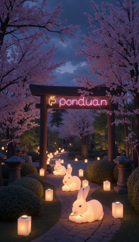 Sakura Garden, at night with lanterns placed at various points in the shape of a rabbit and a sign made of glowing glass says:"PondDuan "
