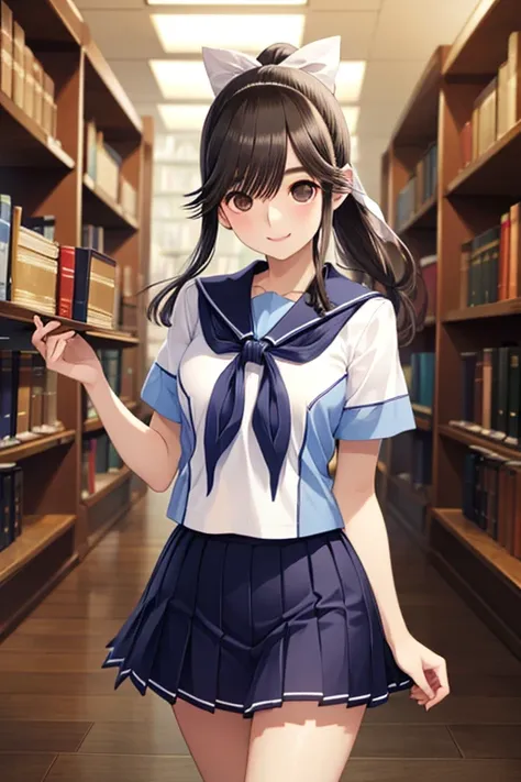 Takane Manaka, shiny brown long hair, ponytail with white ribbon, beautiful brown eyes, smiling face, sparkling pupils, (fine grain), highly detailed eyes, highly detailed face, highly detailed eyes,, (masterpiece:1.2, best quality), 1 girl, cowboy shot,, ...