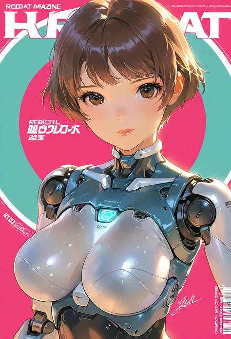 1girl, solo, breasts, looking at viewer, short hair, large breasts, brown hair, brown eyes, lips, pink background, science fiction, joints, robot joints, magazine cover
