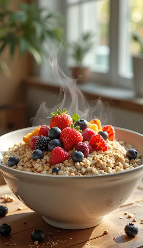  A delicious bowl of warm oatmeal ,  decorated with fresh berries  (blueberries , raspberry, strawberry), on a wooden table in a cozy kitchen .  soft sunlight,  steam rises ,  creating a feeling of freshness and warmth.