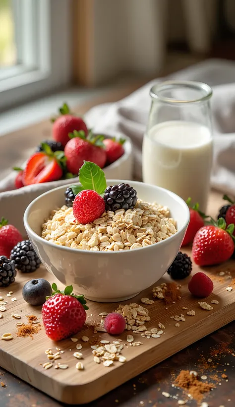  Healthy Oatmeal Ingredient Kit :  a glass of almond milk ,  a handful of oatmeal , Fresh berries,  a spoonful of chia seeds , a pinch of cinnamon .  All arranged on a rustic kitchen board,  with soft natural light .