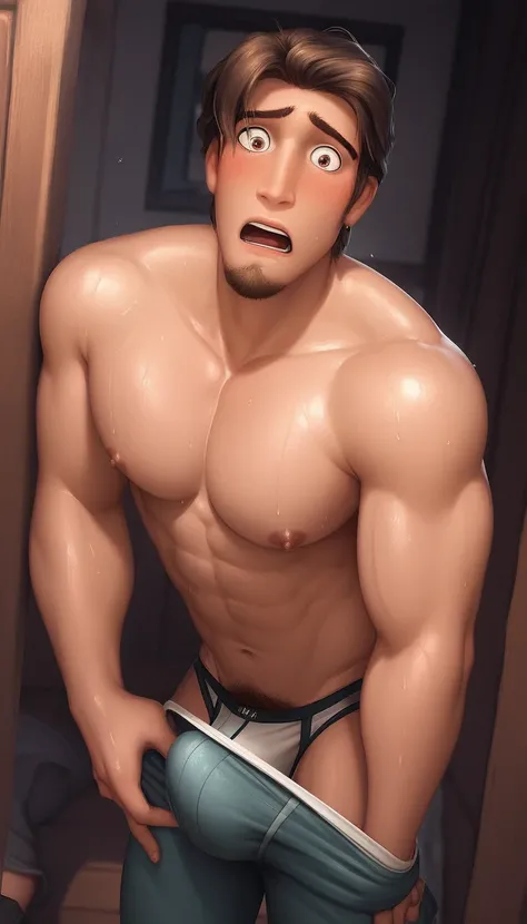 flynnrider,1boy, brown hair, brown eyes,facial hair,muscular,looking at viewer, house background, shocked, embarrassed, taking off pants, underwear, boxer briefs,pecs,big pecs,big bulge,wet spot, pubic hair, dutch angle, undressing, pants pull
