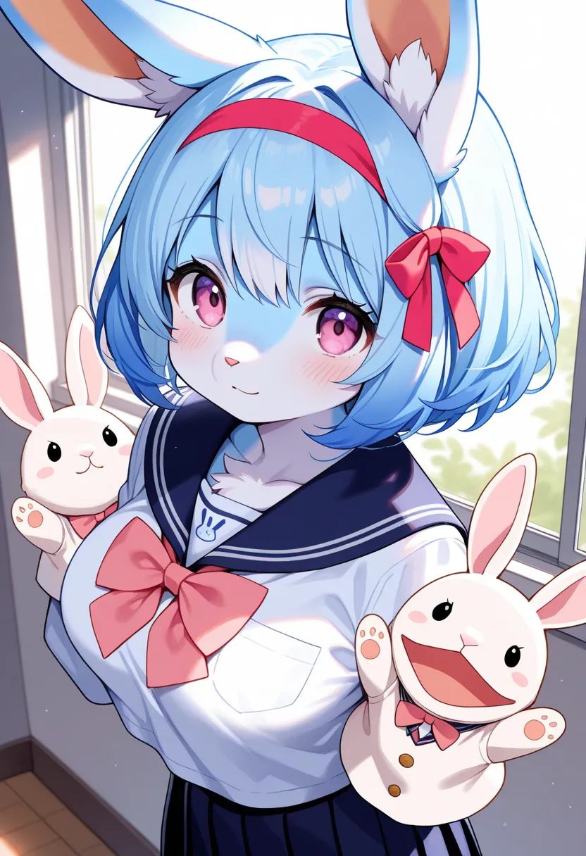 1girl, (furry, kemono:1.4), rabbit girl, animal nose, rabbit ears, hand puppet, rabbit puppet, blue hair, solo, school uniform, purple eyes, ribbon, bow, looking at viewer, skirt, window, indoors, collarbone, short hair, hairband, pink eyes, hair bow, plea...