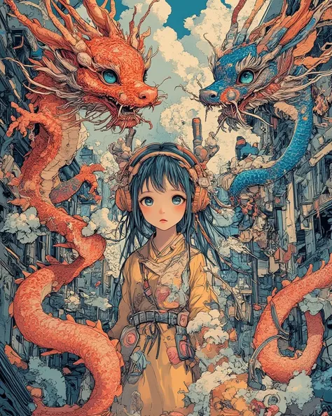 A girl, surrounded by two Chinese dragons, (1 red dragon and 1 blue dragon), intricate, detailed,HDR, masterpiece, dynamic angle, dynamic view,