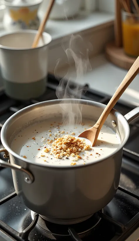  Almond milk pot on the stove,  into which oatmeal is added , chia seeds and cinnamon .  The spoon gently stir ,  steam rises ,  creating a cozy atmosphere .
