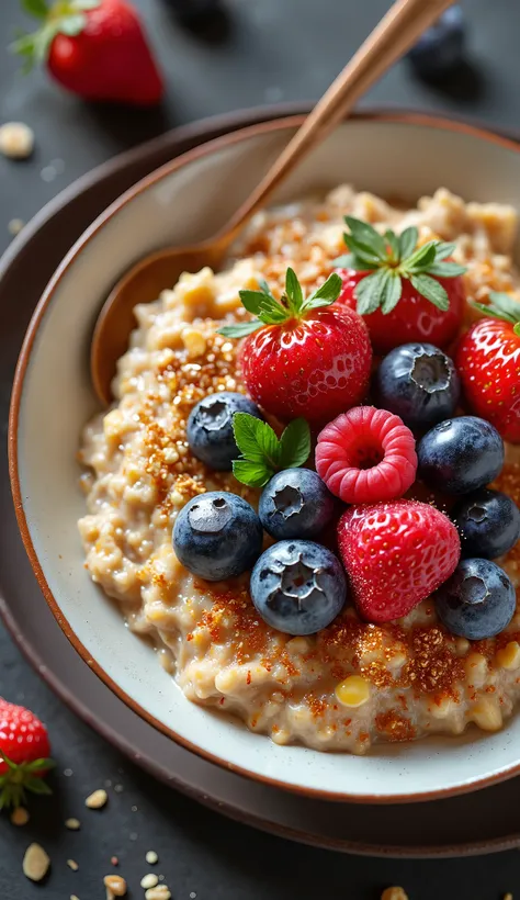  A plate of thick oatmeal ,  on which fresh berries — blueberries — blueberries — are carefully placed, Raspberries, Strawberries.  view from above,  beautiful color contrast , creating an appetizing look .
