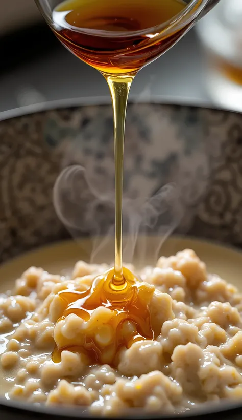  Close-up of a bowl of oatmeal ,  onto which a thin trickle of honey or syrup is slowly pouring from above. Soft light, feeling cozy and warm .