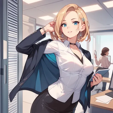 a super sexy office secretary ,  in a long jacket and wearing nothing under her jacket you can see while working in the office casual, all detailed and masterpiece