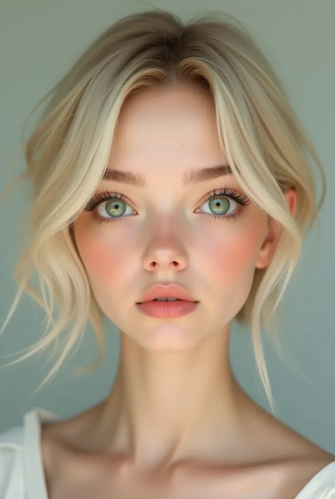 A blond white girl , with dark green eyes , short silky hair, in default style 