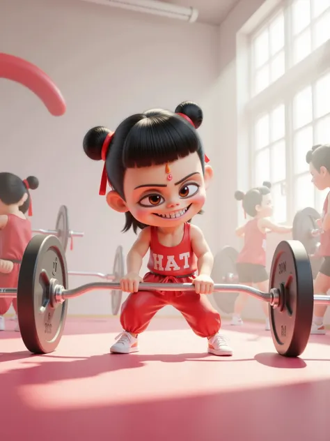 Cartoon illustration，3D Rendering，In the gym，Nacha leaned over and ready to lift the barbell，The sun is shining outside the window。Pink theme，There are other fitness people 。Minimalism主义风格， light background ， Drawing clearly and meticulously ，high aestheti...