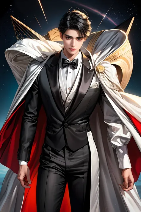 
 Masterpiece, 最  high quality,   high quality,   one boy at night ,   alone,  A man concentrating on outer space  ,   Staring at the Audience  ,  Dirty black hair,    cute大きな青い目 , white, Noble, Noble,  sexy voluminous cape  、  tuxedo、、A   very voluminous ...