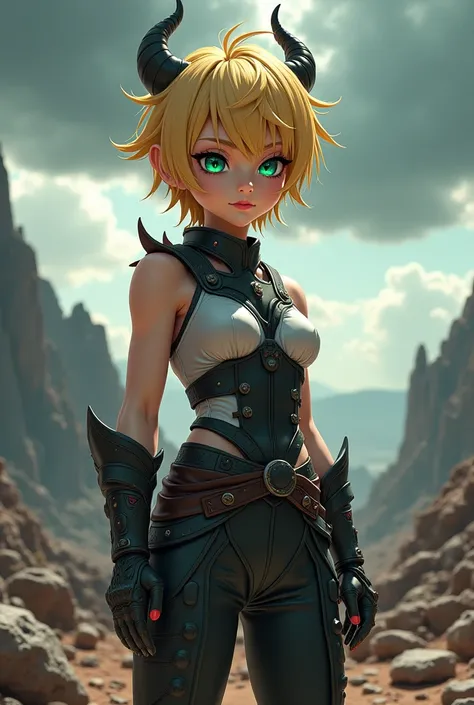 "4K anime style quality, digital drawing mode, a petite but powerful demon warrior with short messy blonde hair, mischievous emerald eyes, wearing a black and white sleeveless battle outfit, standing in a war-torn wasteland with storm clouds swirling above...