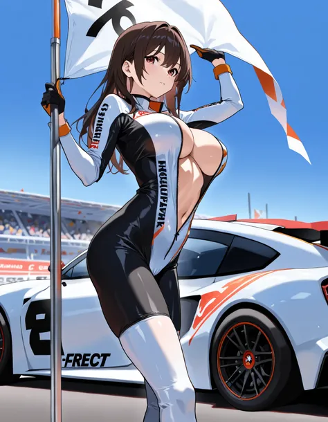 Anime masterpiece, race starter girl, asian_chinese, pole position, standing, facing cars, inclined, hanging breasts, countdown, street race start, holding flags, ((two racing concept cars)) in front of her, racing bodysuit, fully unzipped,