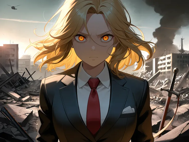 Short golden hair blown and tousled by the wind, upright hair, serious expression, deep gaze, distinct facial features,
Figure in a dark suit, characterized by red and blue as secondary colors, exquisite and mature manga illustration art style, high resolu...