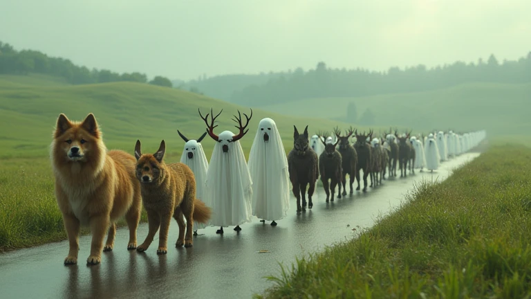 various animals are lined up neatly, next to them the ghosts are lined up but, next to them, the demons are lined up neatly, walking on a road with the background of a field