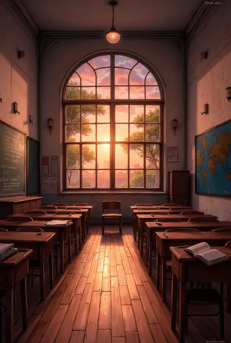 A serene classroom engulfed in the warm embrace of an evening sunset. The scene unfolds through a large, arched window that occupies almost an entire wall, its panes casting a mosaic of amber, orange, and crimson hues across the otherwise monochromatic spa...