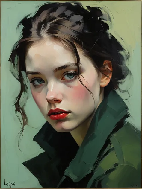 Create an evocative oil painting inspired by Malcolm Liepke, based on the provided image. Capture the intense, introspective expression of the young subject using thick, expressive brushstrokes and a muted color palette. Highlight the emotional depth and v...